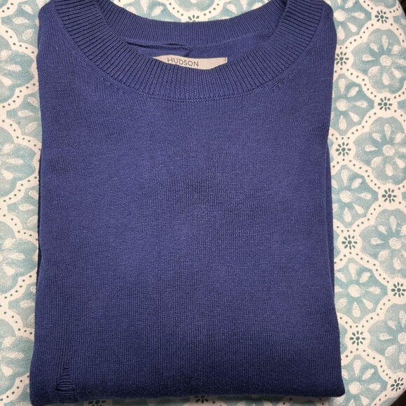 Hudson Sweater Women's Large Blue Distressed Twist Back Cotton-Cashmere Blend LS - Picture 11 of 15